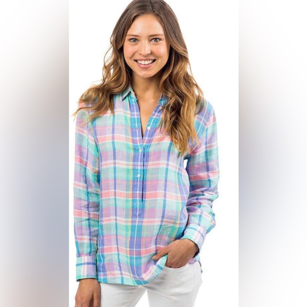 🌮Madras Linen Hadley Popover in Prism Pink by Southern Tide, Small